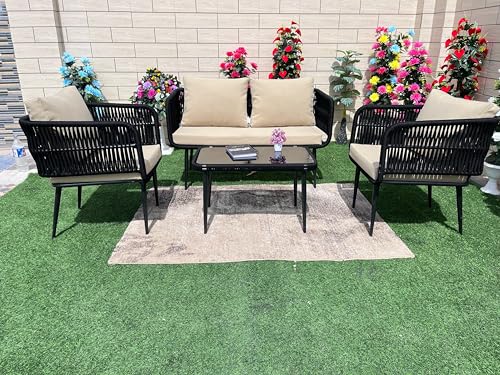 Image of LOCCUS 4-Piece Outdoor Indoor Rope Patio Furniture Set Conversation Garden Waterproof Weaving Rope Bistro Set for Balcony Lawn Garden Terrace (Beige and Black)