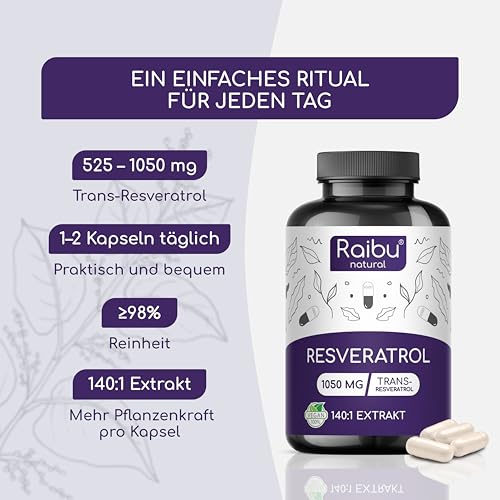 Resveratrol hochdosiert - 1050  mg (98%) Trans-Resveratrol pro Tag - 140:1 Extrakt (=147.500 mg japanischer Staudenknöterich Wurzel je… – Ansicht 3