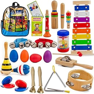 SMART WALLABY Toddler Musical Instruments Set | 26 pc + Bonus Puzzle Matching Game | Wooden Toys Educational Percussion Kit with Xylophone and Storage Backpack. Big Band