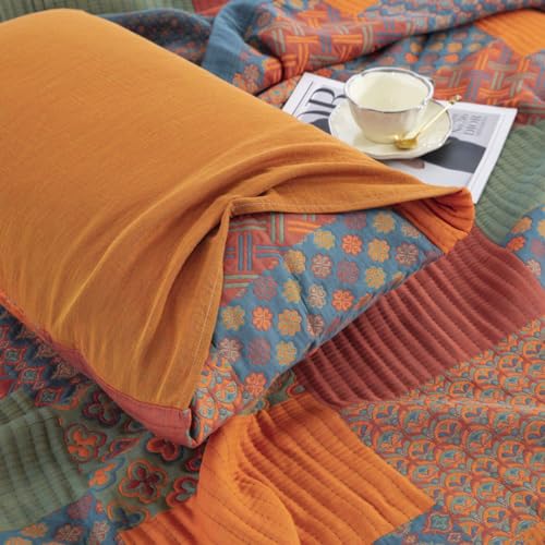 Purefair RZ032 100% Cotton Muslin Pillow Shams Set Of 2 Jacquard Rustic Orange Bohemian Plaid Patchwork Floral Pillow Covers thumb #1