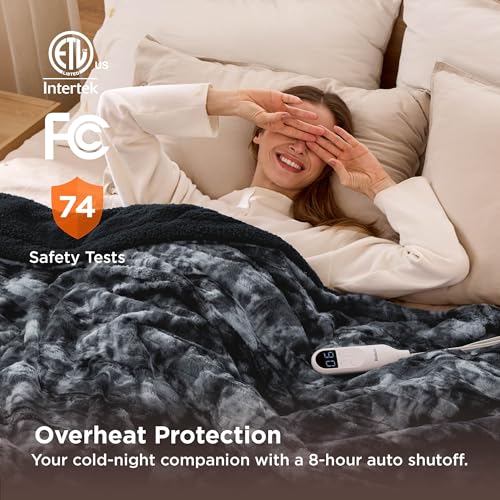 Image of Bedsure Faux Fur Heated Blanket Twin Size, Fast Heating Electric Blanket Twin Size with 6 Heating Levels & 10 Time Settings, Cozy Gifts for Women Men (62x84 inches, Black)
