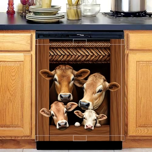 Image of Cow Dishwasher Magnet Cover, 23x26 in Summer Farm Dishwasher Magnet Sticker for Kitchen Funny Xmas Magnetic Dish Washer Cover Refrigerator Magnets Covers Fridge Panel Decal