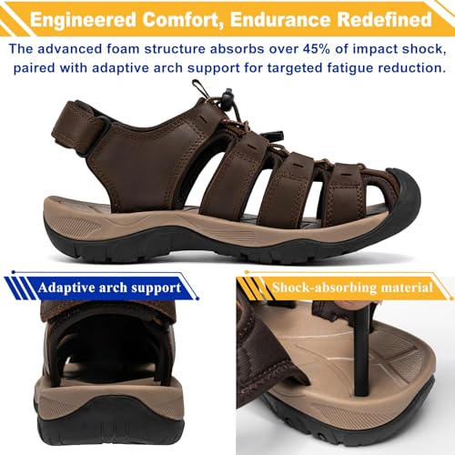 Mens Hiking Sandals Closed Toe Walking Sport Leather Summer Outdoor Beach Comfortable Waterproof Athletic Trail River Fishing Fisherman Coffee Brown4