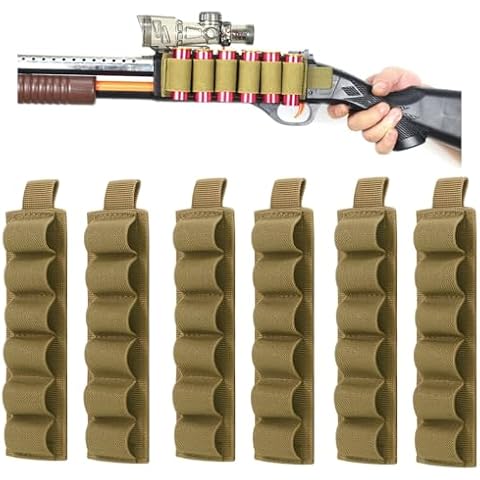 6 Packs 6 Rounds Shell Holder for Rifle Shotgun Cartridge Ammo 12/20/28 Gauge Shell Carrier Card Buttstock Organizer MOLLE Utility Pouch Hook and Loop Khaki Cover