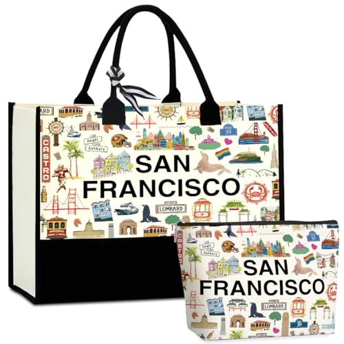 NBIAN San Francisco Landmarks Tote Bag & Makeup Bag Set - Large Capacity, Multi-Purpose, Thoughtful...