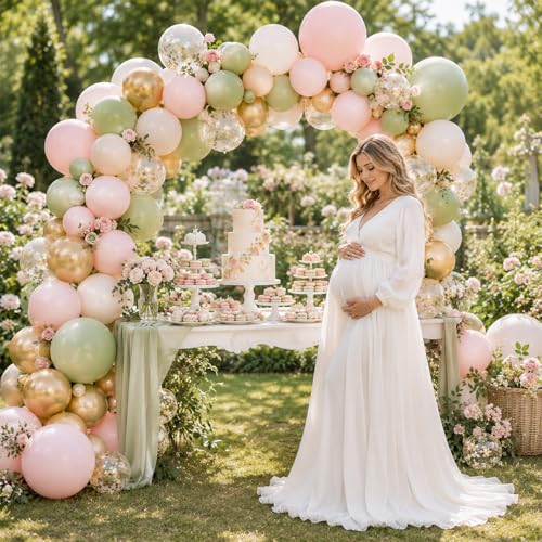 Image of Pink and Green Balloons, 50 Pcs 12 Inch Sage Green Pink White Metallic | Gold Baby in Bloom Balloons for Boho Baby Shower Jungle Woodland Floral Fairy First Birthday Wedding Party Decorations