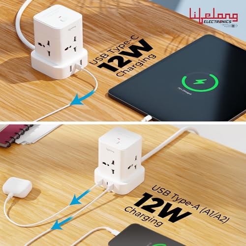 Image of Lifelong Electronics Extension Board 7-in-1 with Switch | 4 AC Sockets + 3 USB Ports (2 Type A + 1 Type C) | Overload Protection | Desk Accessories & Multiplug Gadget | 2M Cord (Model: Cube)