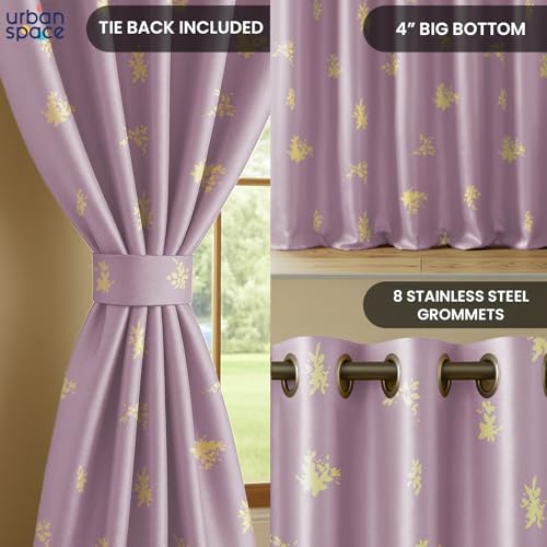 Image of Urban Space 100% True Blackout Curtains for Door, Gold Foil Printed Blackout Curtains, Blackout Decorative Door Curtain Eyelet with Tieback, 1 Piece Curtain for Living Room(Crackle Lilac, 8 Feet)