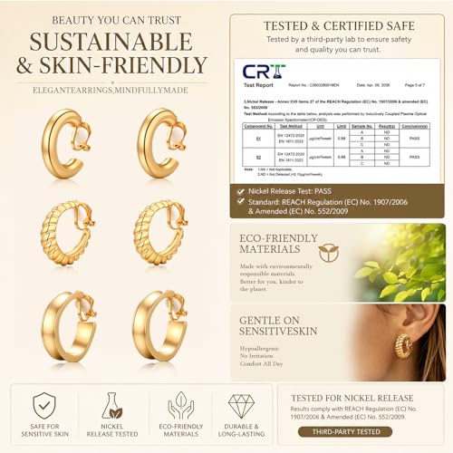Image of Gold Clip On Hoop Earrings for Women, 18K Gold Plated Eco-Friendly Alloy Non-Pierced Ear Clips, Hypoallergenic Sustainable Fashion Jewelry for Daily & Party Wear