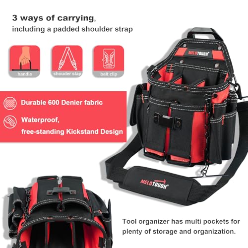 Image of MELOTOUGH Professional Electrician Tool Pouch Bag with Shoulder Strap Tool Pouch with Belt Clip Quickly Attach and Release Tool Bag