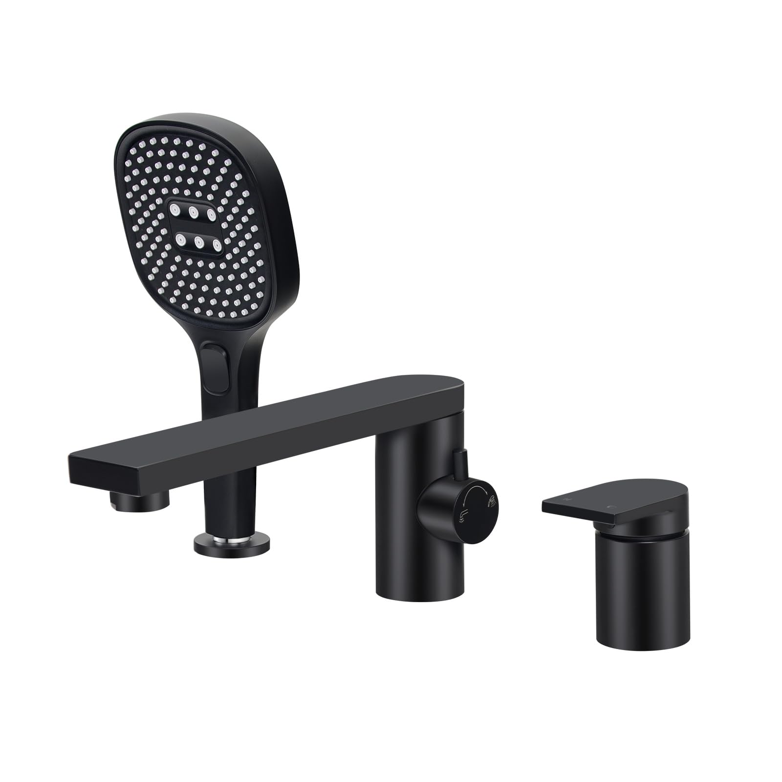 PHASAT Grifo para Borde de Bañera de 3 Orificio, Grifo de Bañera con Ducha de Mano y Manguera, Mezclador de Latón para Baño Caliente y Frío Ajustable Negro Mate PTBB20E
