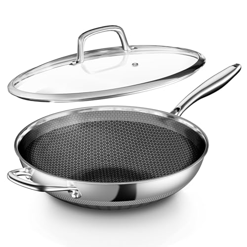 Image of XOHUYD Wok Pan, 12.5-Inch Stainless Steel Woks & Stir-Fry Pans Nonstick, Wok Pan with Lid for Induction, Electric, Gas, Halogen, All Stoves, Professional PFOA Free Cookware, Dishwasher & Fast Heat