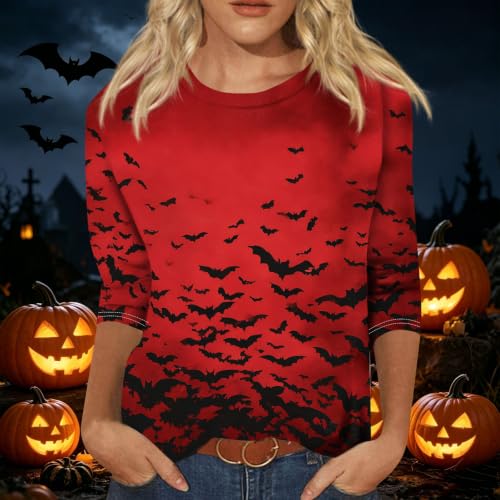 Image of Women Spooky Halloween Graphic Shirt 3 /4 Length Sleeve Crewneck Top | Halloween Funny Printed Pumpkin Plus Size Tshirts 2026 Fall Outfits Skeleton Tee Going Out Tops