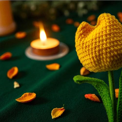 Image of Tulip Crochet Flowers | Handcrafted Artificial Faux Woolen Flower with Long Stem | Natural Looking Knitted Flower for Home, Living Room, Vase & Bouquet Decoration & Gifting | Yellow-2 Pcs