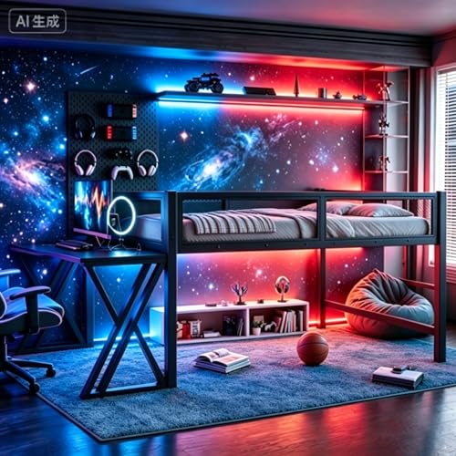 Bellemave Full Size Gaming Loft Bed with Desk USB Ports & LED Lights Metal Loft Bed Frame with Mesh Guardrails Space-Saving for Dorms Bedrooms & Gaming Setups (Black/Full)