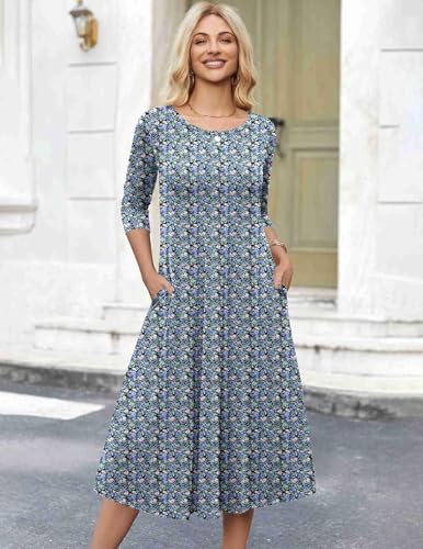 Image of HOTOUCH Women's 3 /4 Sleeve A-line and Flare Midi Long Dress