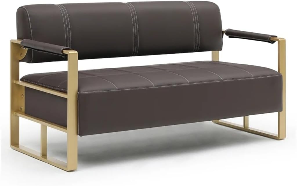 Brown 57.9" Width Upholstery Faux Bonded Leather Loveseat Sofa Office Apartment Studio Furniture with Golden Metal Arms