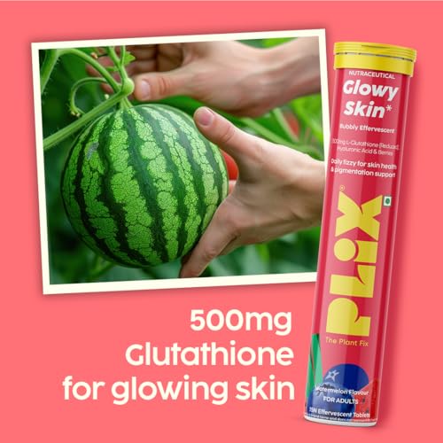 Image of PLIX - THE PLANT FIX Glutathione Effervescent Tablets for Clear, Glowing & Youthful Skin | 500mg Glutathione, Vit E & Hyaluronic Acid | No Maltodextrin, No Sugar | Pack of 1 (15 tabs) | Watermelon