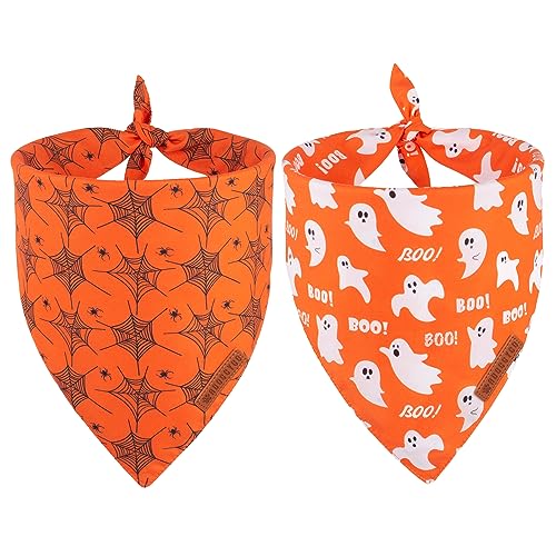 ADOGGYGO Halloween Dog Bandana, Spider Web Ghost Design Dog Scarf, Premium Durable Fabric, Orange Dog Halloween Bandanas for Small Dogs Cats Puppies (Small, Halloween)