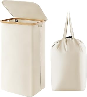 Lifewit 100L Laundry Basket with Lid, Clothes Hampers for Laundry with Bamboo Handles and A Removable Laundry Bag, Large Foldable Laundry Hamper for Bedroom, Bathroom, Dorm, Laundry Room, White
