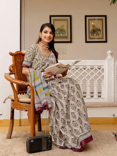 Image of SIRIL Women's Printed Ready to Wear Mul Cotton Saree With Unstitched Blouse Piece