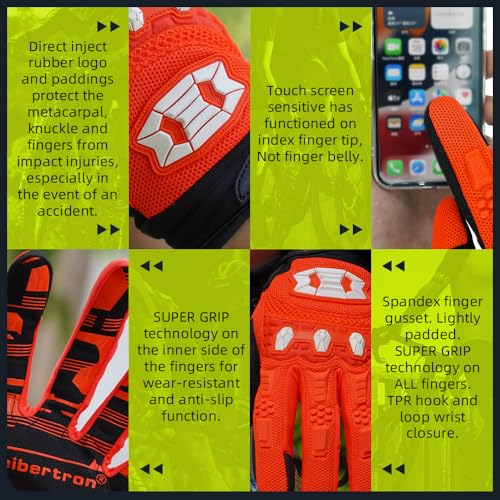 Image of Seibertron Unisex MX ATV MTB Racing Gloves - Full Finger Touchscreen Glove for Bicycle Cycling Mountain Biking Motorcycle and Motocross Fluo Orange M