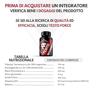 TESTO FORCE | 90 Compresse | Azione Rapida e Potente | Aumento puro della Massa Muscolare | Made In Italy | Tribulus Terrestris, Maca Peruviana, Ashwaganda, Zinco, Testo Force