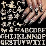 66 Pcs Gold Letter Nail Charms and Gems, Mixed 26 Styles, Golden Butterfly Star Dollar Bows Heart Saturn Cross Metal 3D Shiny Diamond Charms for Nails Art DIY