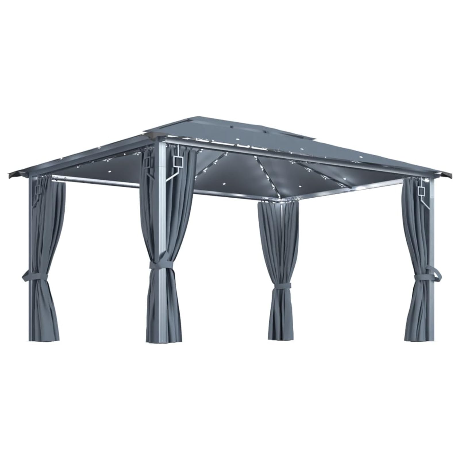 Homgoday Altana zewnętrzna, altana z zasłonami i światłami LED 400 x 300 cm Antracyt Aluminium, altana zewnętrzna do ogrodu balkonowego tarasu, składana altana ogrodowa,