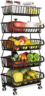 BRIAN & DANY 5 Tier Vegetable Storage Rack, Stackable Fruit Baskets Stand with Lockable Casters and 5 S-Hooks for Kitchen, Pantry, Bathroom, Garage