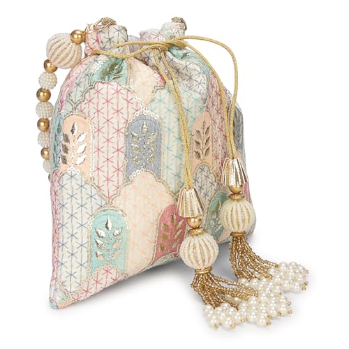 Image of LONGING TO BUY Indian Embroidered Pearl Potli Bag For Women, Sequence Design with Tassel, Wedding Potli Bags