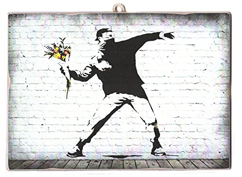 KUSTOM ART CUCUBA Quadro Quadretto Stile Vintage Bansky Il Lanciatore di Fiori Stampa Su Legno 24x17 cm