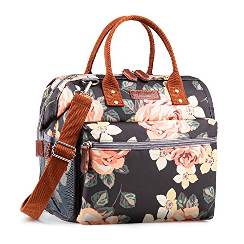 Floral Lunch Bags for Women, Insulated Lunch Box Bag Lunch Cooler Bag, Large Lunch Tote Bag Women Thermal Lunch Box for Work School Picnic(Black Floral)