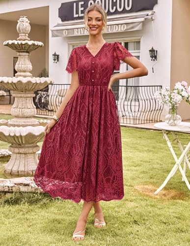 GRACE KARIN Women's V Neck Short Sleeve Buttons Floral Lace Wedding Dress Bridesmaid Cocktail Party Maxi Dress2