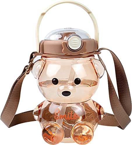 Image of 1 Liter Capacity Cartoon Teddy Bear Water Bottle Sipper Water Bottle Portable Mouth With Straw, Sticker, Strap Smile Teddy Bottle - Multi Color