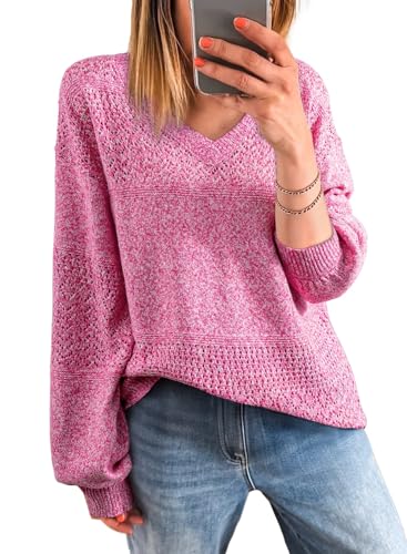 Image of SHEWIN Women's Sweaters Casual Long Sleeve V Neck Crewneck Lightweight Crochet Pullover Sweater Tops