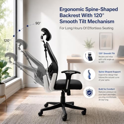 Image of HIGHLIVING Ergonomic Office Chair with Adjustable Lumbar Support, Breathable Mesh Back, Tilted Headrest , 120 Recline, Height Adjustable Swivel Chair with Fixed Armrest & Nylon Base (Black)