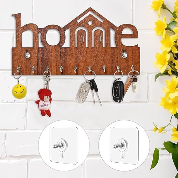 Wooden Key Hanger for Wall – Stylish MDF Key Holder Stand with 7 Hooks – Modern Home Décor Accessory for Entryway, Living Room & Office – Durable Wall Mounted Organizer (Light Brown)