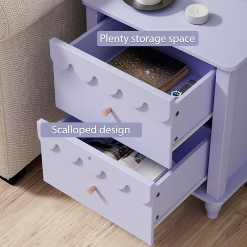 Image of Purple Nightstand Side End Table with 2 Drawers, Modern Night Stand with Petal Pattern for Bedroom, Scalloped Bedside Night Tables with Solid Wood Legs