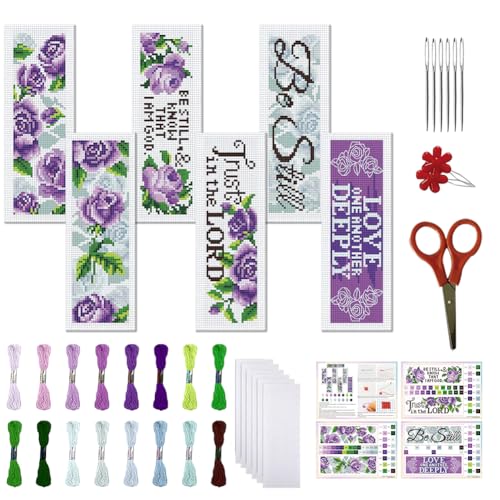 Image of FREEBLOSS 6 Set Cross Stitch Bookmark Kits Purple Rose Pattern Stamped Cross Stitch Kit 11CT Embroidery Kit with Instructions for Beginners 20x6cm /8x2.4inch