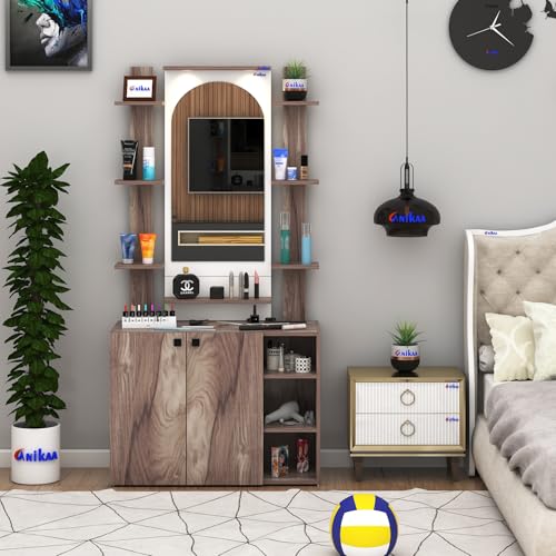 Image of Anikaa Venza Engineered Wood Dressing Table with Wall Mounted Mirror & LED Lights Open Shelf | Makeup Vanity Storage Cabinet with Soft Closed Hinge Door for Bedroom -(Coachwood /White) DIY Installation