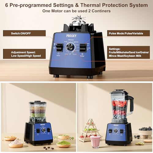 Image of Professional Blender, Smoothies Blenders, PRASKY Max.2400Watts /1000Watts Blender and Grinder Combo 25000RPM Powerful Kitchen Blenders 68oz BPA Free 2 Containers Countertop Blenders for Ice(Blue)