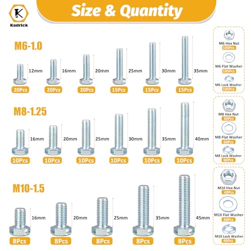 Image of Kadrick 820Pcs Metric Bolt Assortment,Grade 8.8 M6 M8 M10 Hex Heavy Duty Bolts and Nuts Kit,M6-1.0 M8-1.25 M10-1.5 (12mm to 45mm),Eco-Friendly Zinc Plated