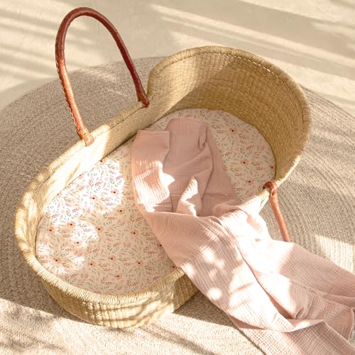 Image of lulumoon Baby Muslin Bassinet Sheets: Skin-Friendly Floral Bassinet Sheets for Girls - Fitted for Oval Rectangle or Hourglass Mattress
