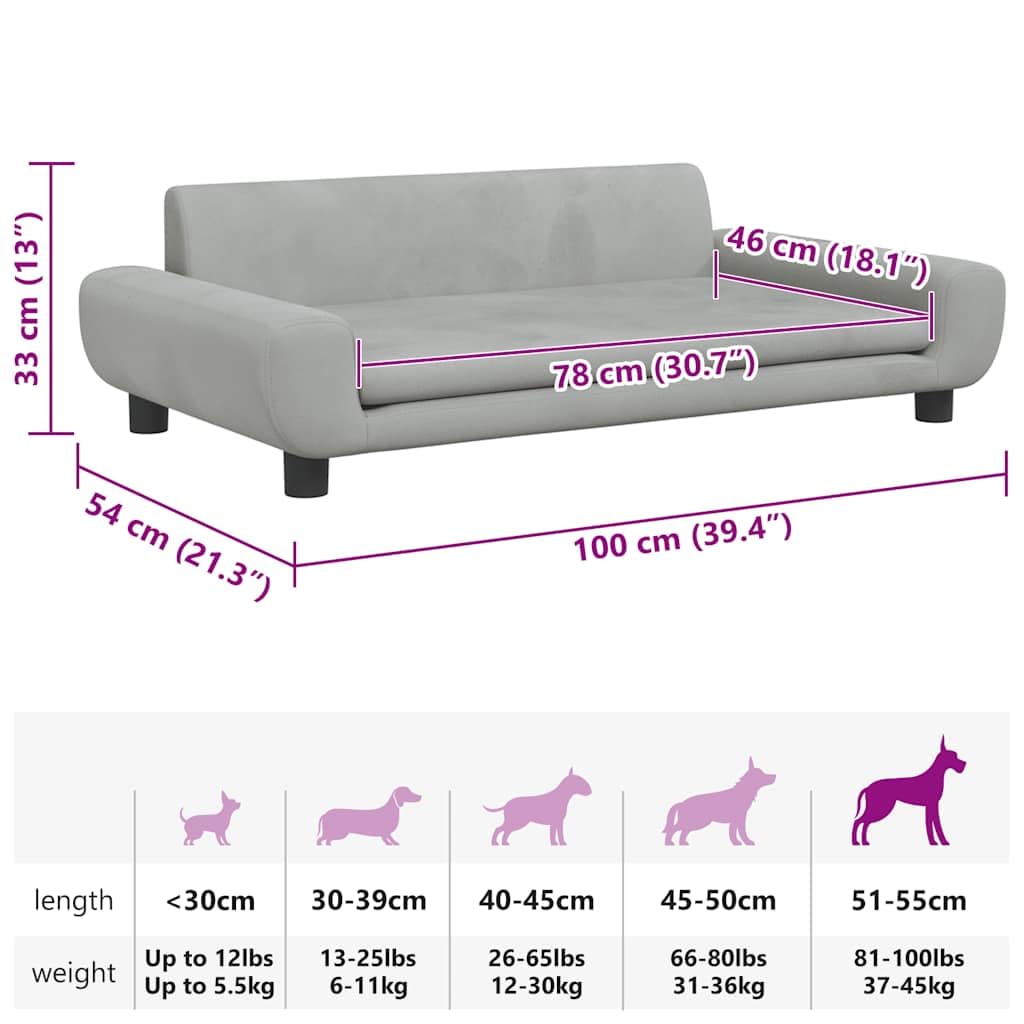 Cuccia per cani in velluto grigio chiaro con schiuma, 100 x 54 x 33 cm, robusta struttura in legno di pino, antiscivolo, comodo cuscino per cani di piccola taglia