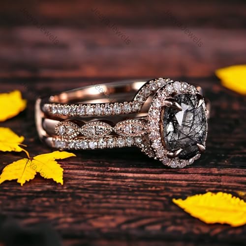 Vintage Black Rutilated Quartz Wedding Ring Set Solid Rose Gold Diamond Halo Engagement Gift Enhancer Valentine Proposal Ring Solitaire Bridal Statement Ring3