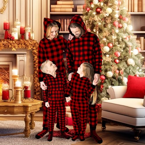 Christmas Matching Family Pajamas Sets Buffalo Plaid Couple Hoodie Zipper Jumpsuit with Pockets and Sock2
