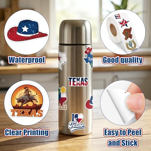 Image of Texas Pride Sticker Waterproof Vinyl Strong Adhesion for Laptops | 2 Rolls Lone Star Route 66 State Outline Designs Easy Peel Stick for Water Bottle Scrapbook Travel Gear Texas Pride Decor