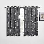 PONY DANCE Grey Blackout Curtains for Living Room - Thermal Insulated Short Eyelet Curtains for Kids Bedroom, Soundproof Silver Wave Line Foil Printed Gray Curtains, 46 x 54 Inch Drop, 2 Panels