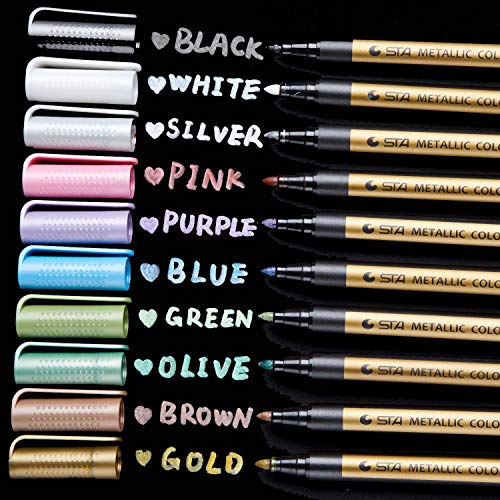 Ohuhu Premium Metallic Marker Pens Fine Tip, Set of 10 Glitter Paint Pen Metallic Marker for DIY Birthday Greeting Card Making Black Paper Scrapbook Photo Album Rock Painting Glass Father's Day
